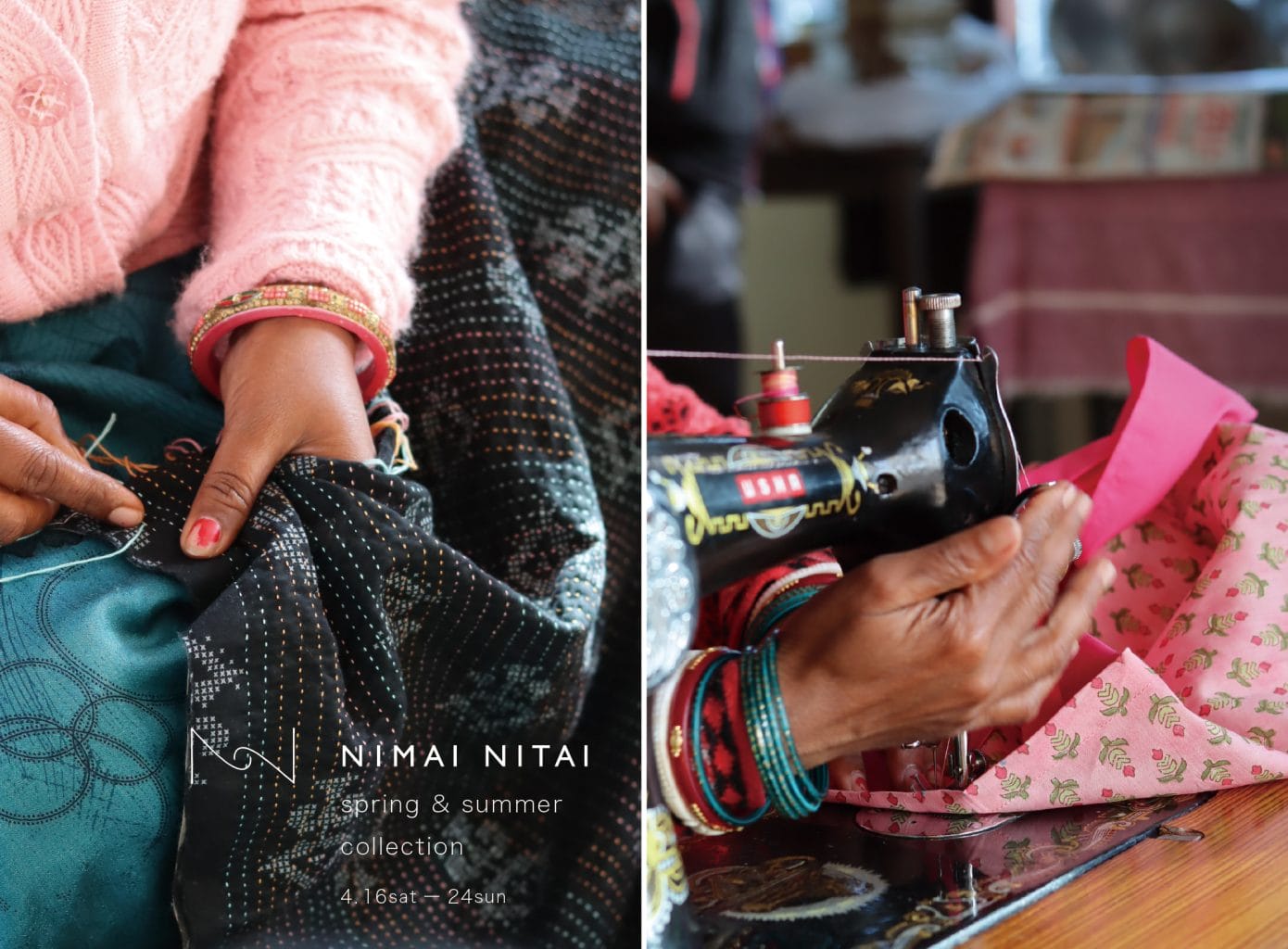 インドの素材を使い現地の人々が製作するファッションブランド・NIMAI NITAIの春夏コレクション展示会、GULIGULIにて。