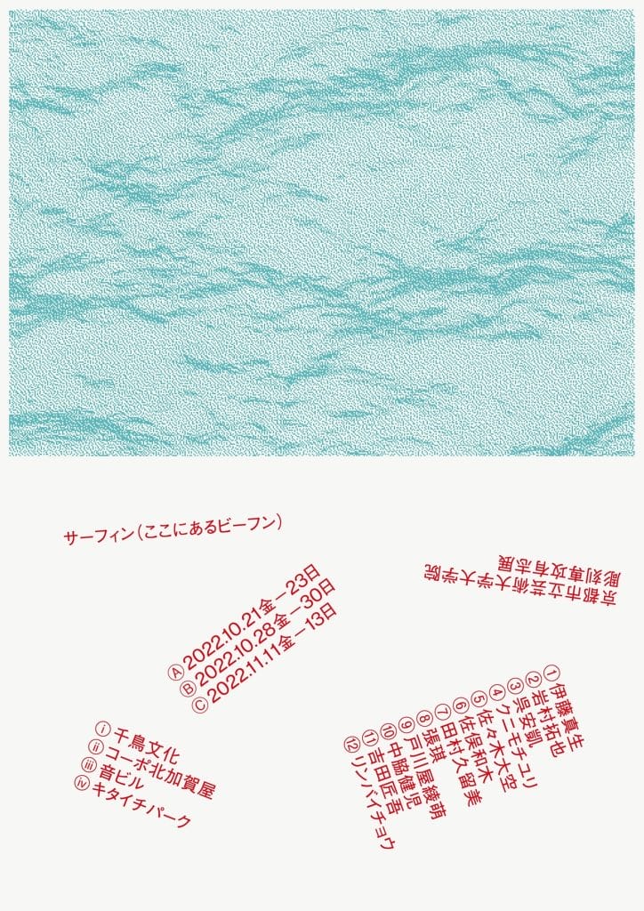 京都市立芸術大学大学院彫刻専攻有志展「サーフィン（ここにあるビーフン）」開催。12人の作家が北加賀屋の4ヵ所で作品を展示。
